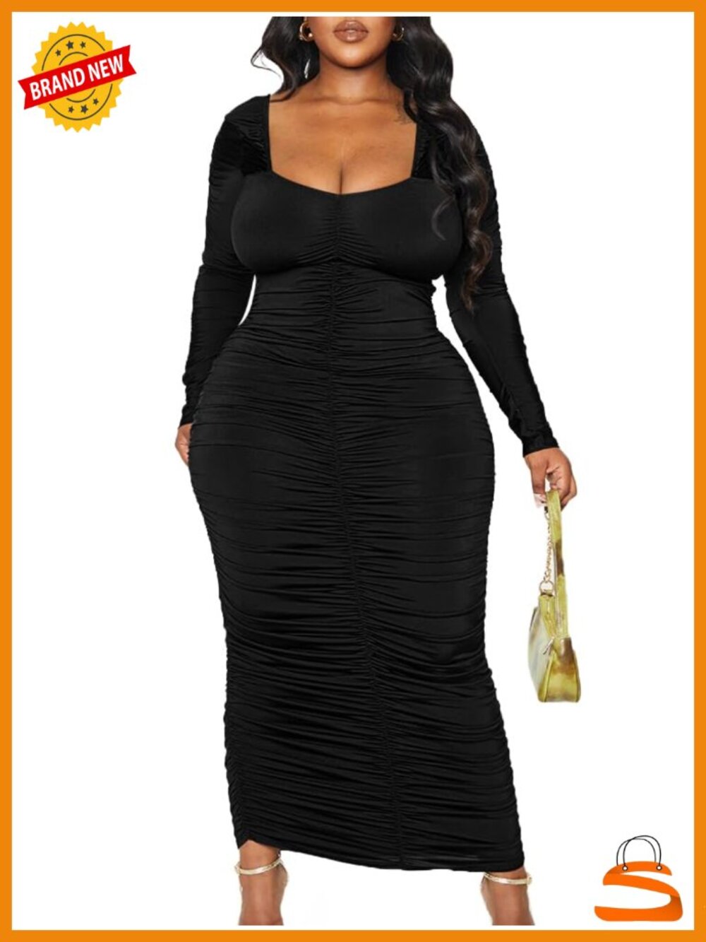 LAGSHIAN Women's Plus Size Long Sleeve Bodycon Ruched Long Dress
